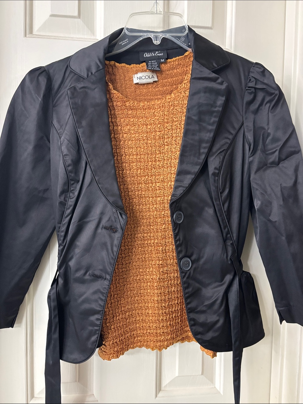 Black Satin Tie-Waist Blazer - Black